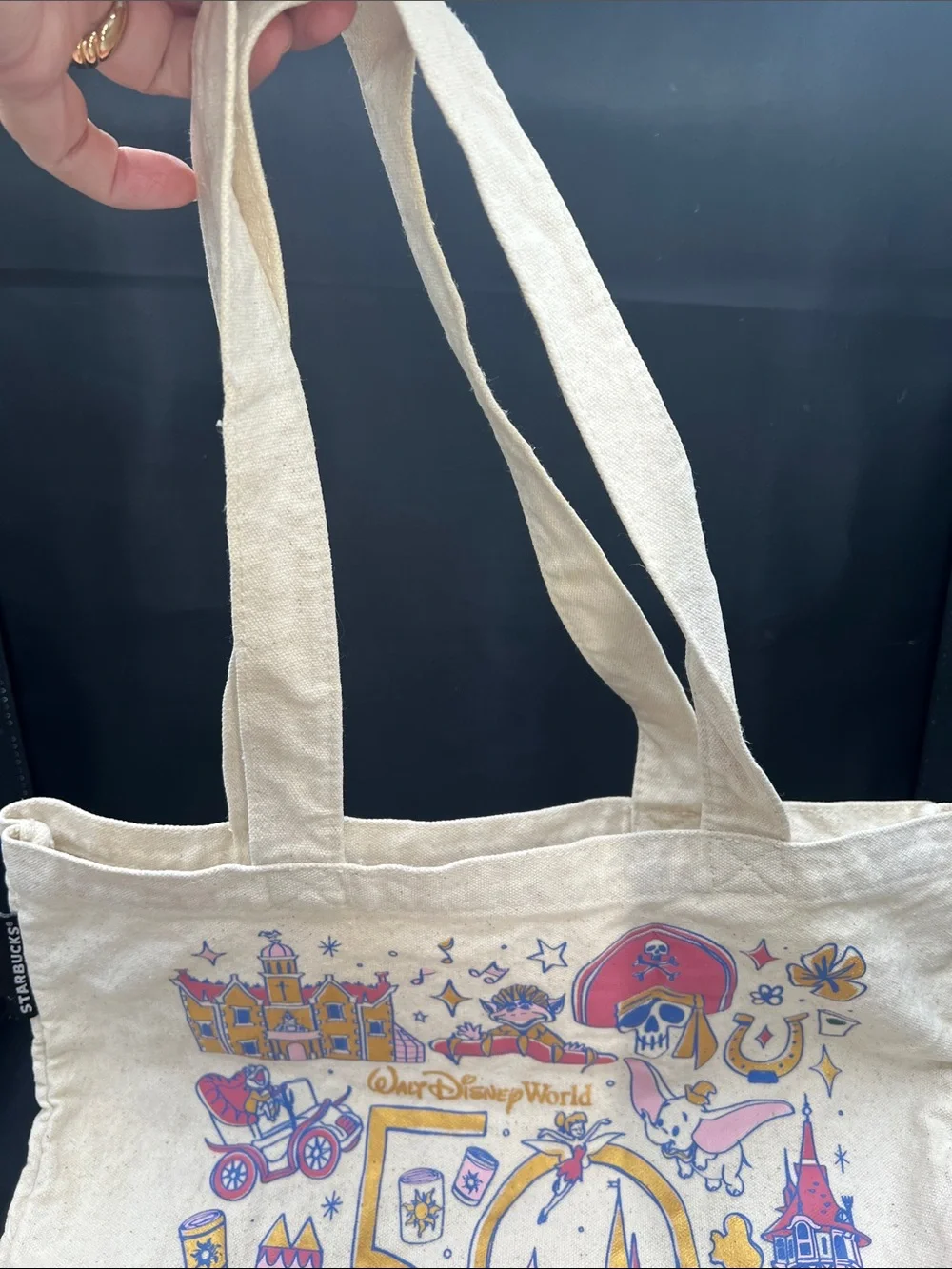 Starbucks Cream Magic Kingdom 50th Anniversary Tote with Pink and Blue Print